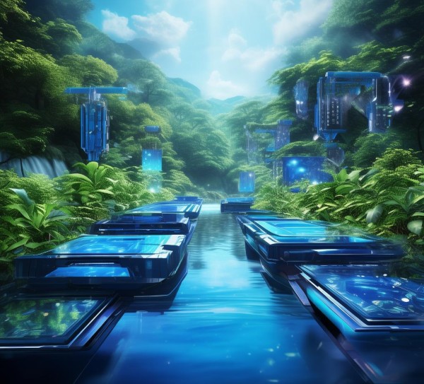 蓝色科技海报，未来科技与自然的完美融合